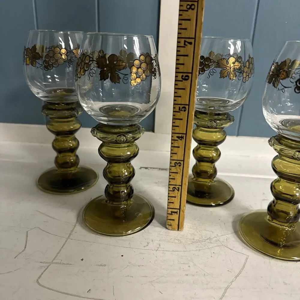 4 Gilded German Roemer Antique 7” Wine Glasses W/ Prunts Olive Green Bubble Stem